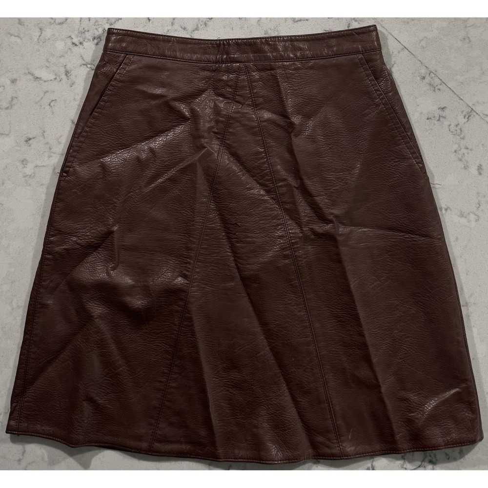 Zara Faux Leather Mini Skirt Womens XS Brown Burgundy High Waisted Seamed A Line